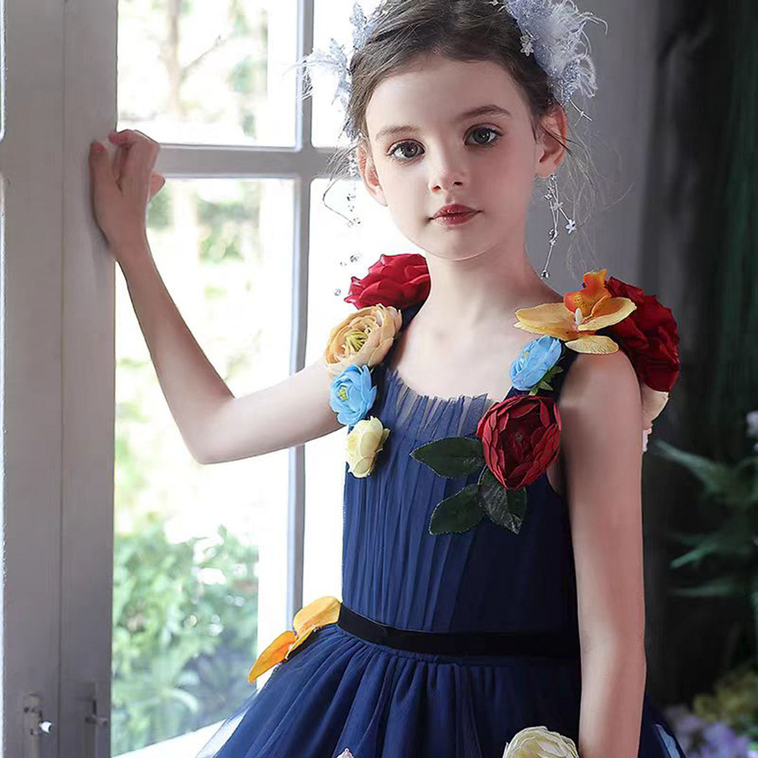Navy Blue Flower Girl Dress with  Voluminous Tulle Skirt Birthday Party J013