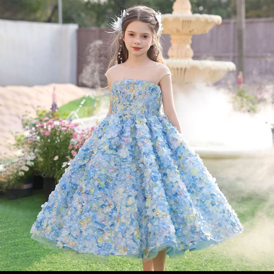 Luxury Floral Blue Flower Girl Dress for Kids Wedding Pageant Party J273 Luxury Floral Blue Flower Girl Dress for Kids Wedding Pageant Party J273