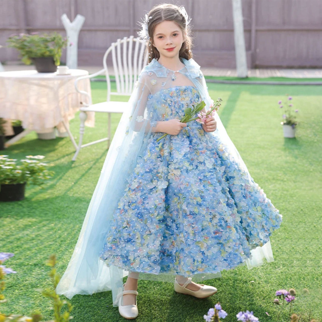 Luxury Floral Blue Flower Girl Dress for Kids Wedding Pageant Party J273, Blue / child-10 Luxury Floral Blue Flower Girl Dress for Kids Wedding Pageant Party J273, Blue / child-10
