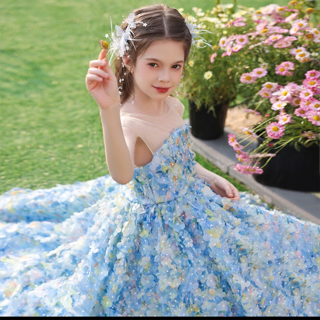 Luxury Floral Blue Flower Girl Dress for Kids Wedding Pageant Party J273 Blue / Child-3 Luxury Floral Blue Flower Girl Dress for Kids Wedding Pageant Party J273 Blue / Child-3