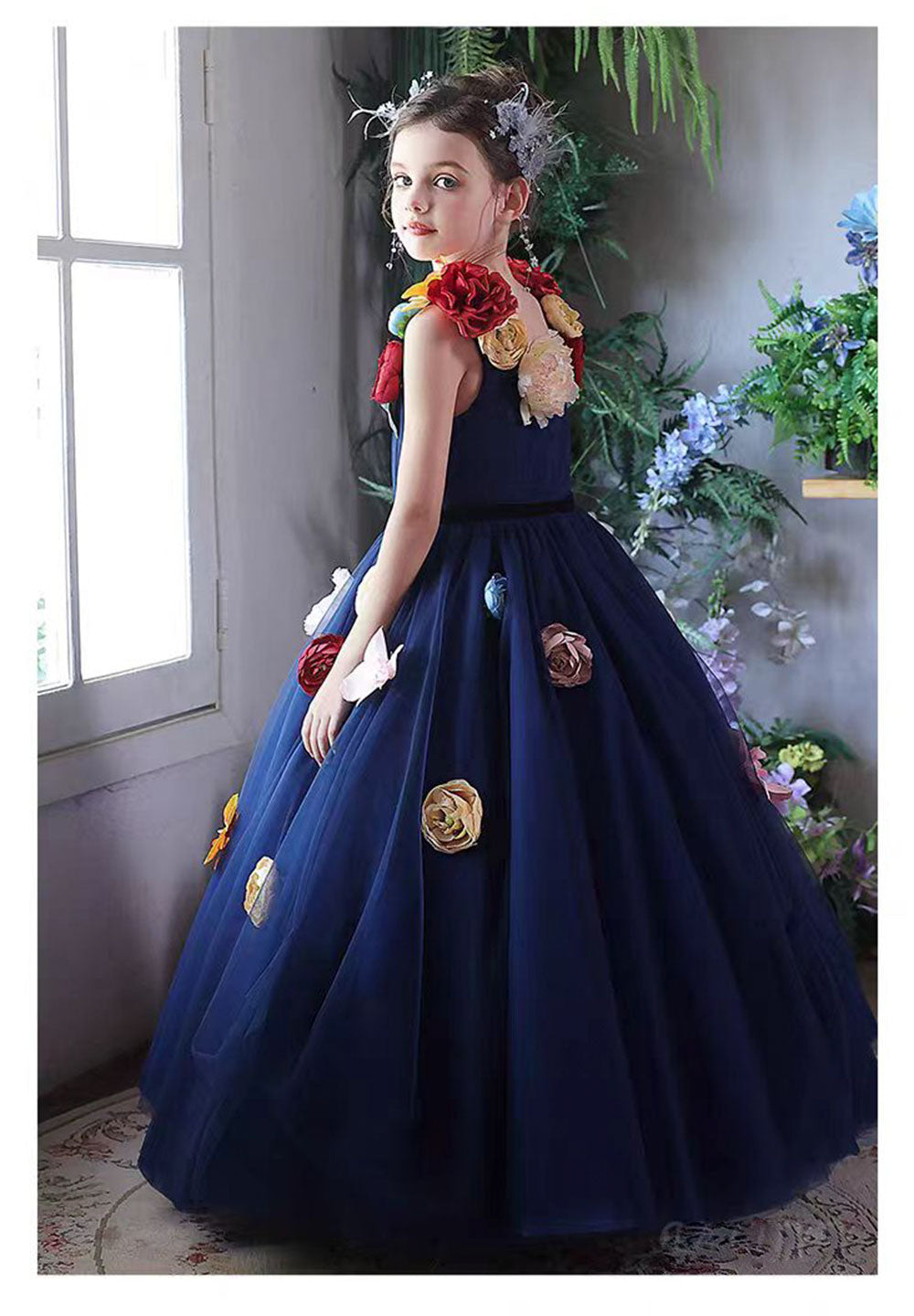 Navy Blue Flower Girl Dress with Voluminous Tulle Skirt Birthday Party J013 Navy Blue / child-14 Navy Blue Flower Girl Dress with Voluminous Tulle Skirt Birthday Party J013 Navy Blue / child-14