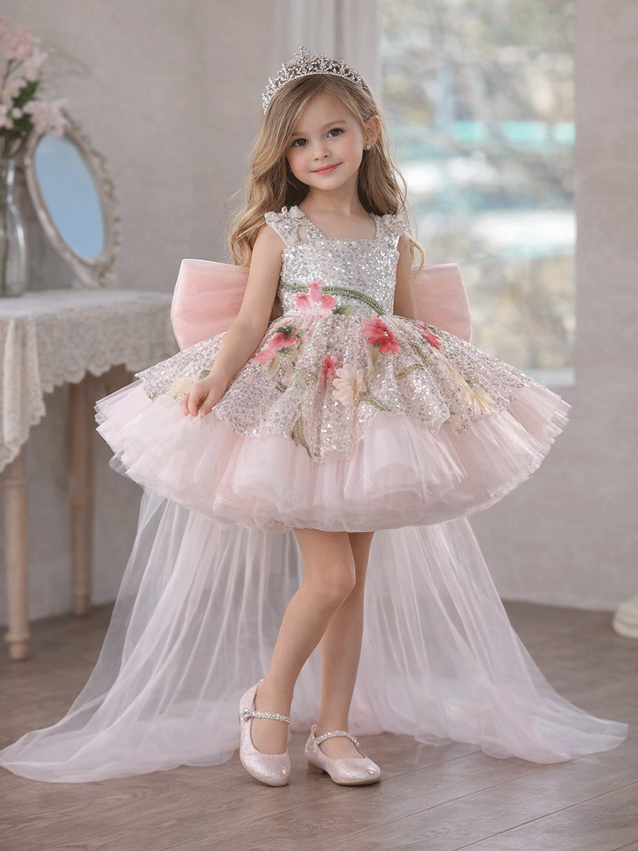 Luxury Baby Pink Floral Sequin Party Flower Girl Princess Dress J886