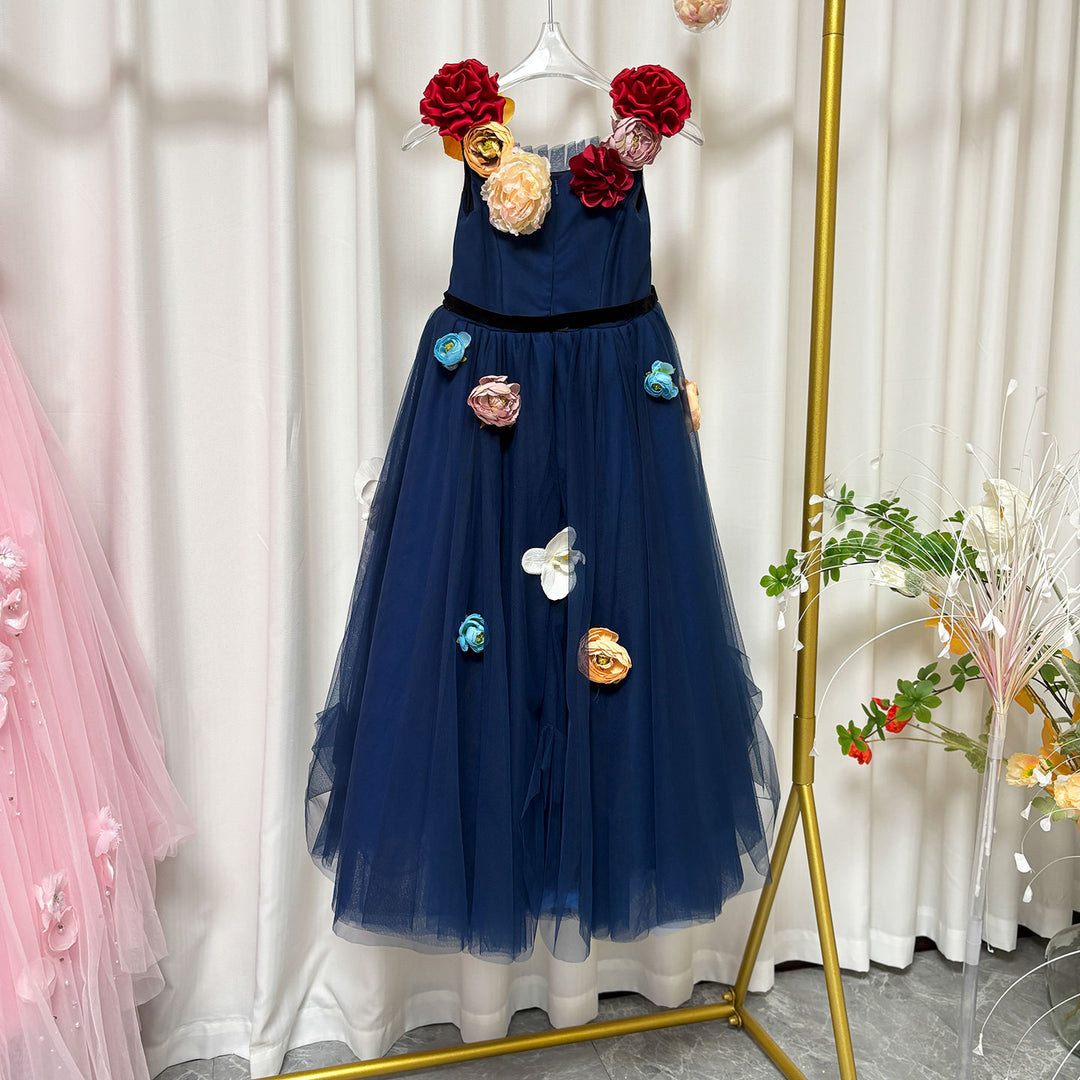 Navy Blue Flower Girl Dress with Voluminous Tulle Skirt Birthday Party J013 Navy Blue Flower Girl Dress with Voluminous Tulle Skirt Birthday Party J013