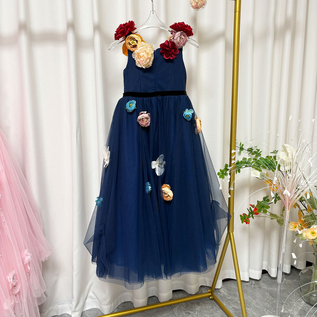 Navy Blue Flower Girl Dress with Voluminous Tulle Skirt Birthday Party J013 Navy Blue Flower Girl Dress with Voluminous Tulle Skirt Birthday Party J013