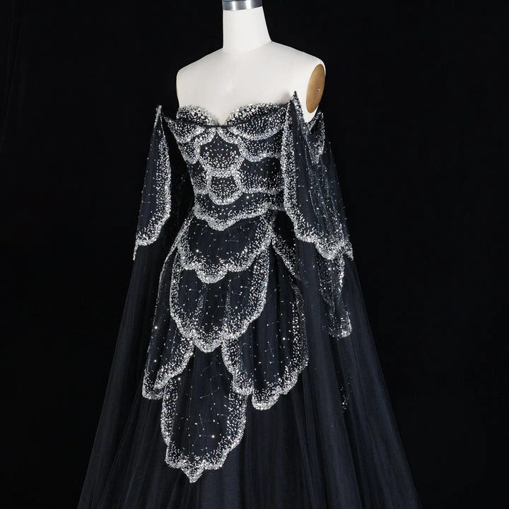 Elegant Off Shoulder Sage Green Evening Dress with Cape Sleeves SS215