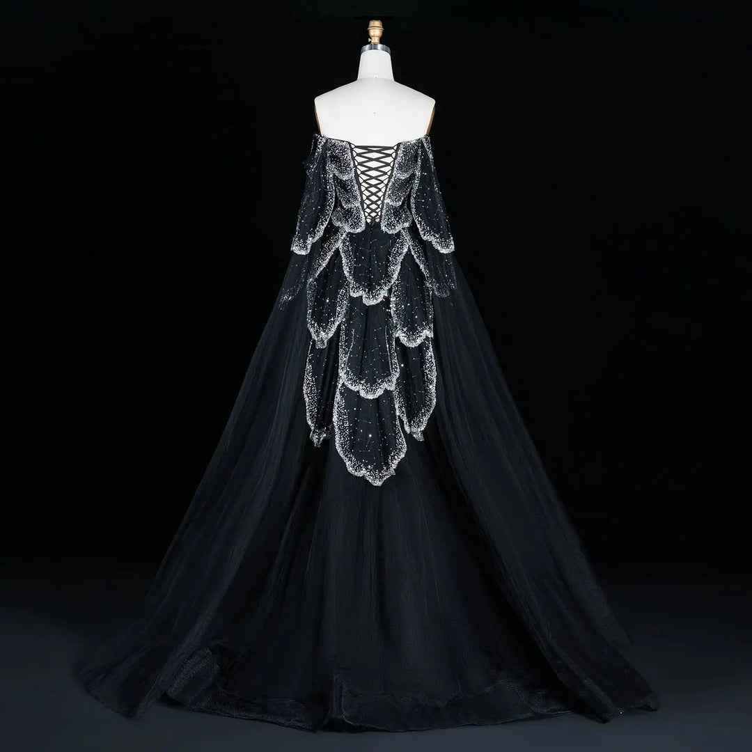 Elegant Off Shoulder Sage Green Evening Dress with Cape Sleeves SS215