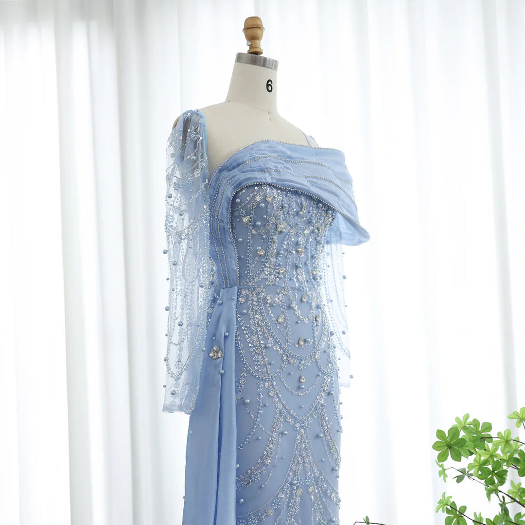 Nude Crystal Mermaid Evening Dress with Overskirt Long Sleeves SS256