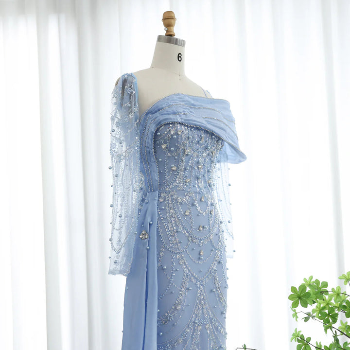 Nude Crystal Mermaid Evening Dress with Overskirt Long Sleeves SS256