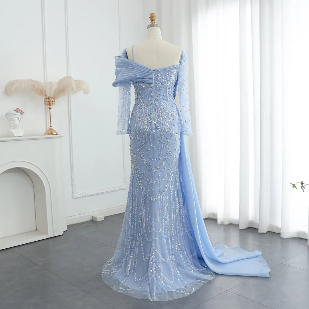 Nude Crystal Mermaid Evening Dress with Overskirt Long Sleeves SS256