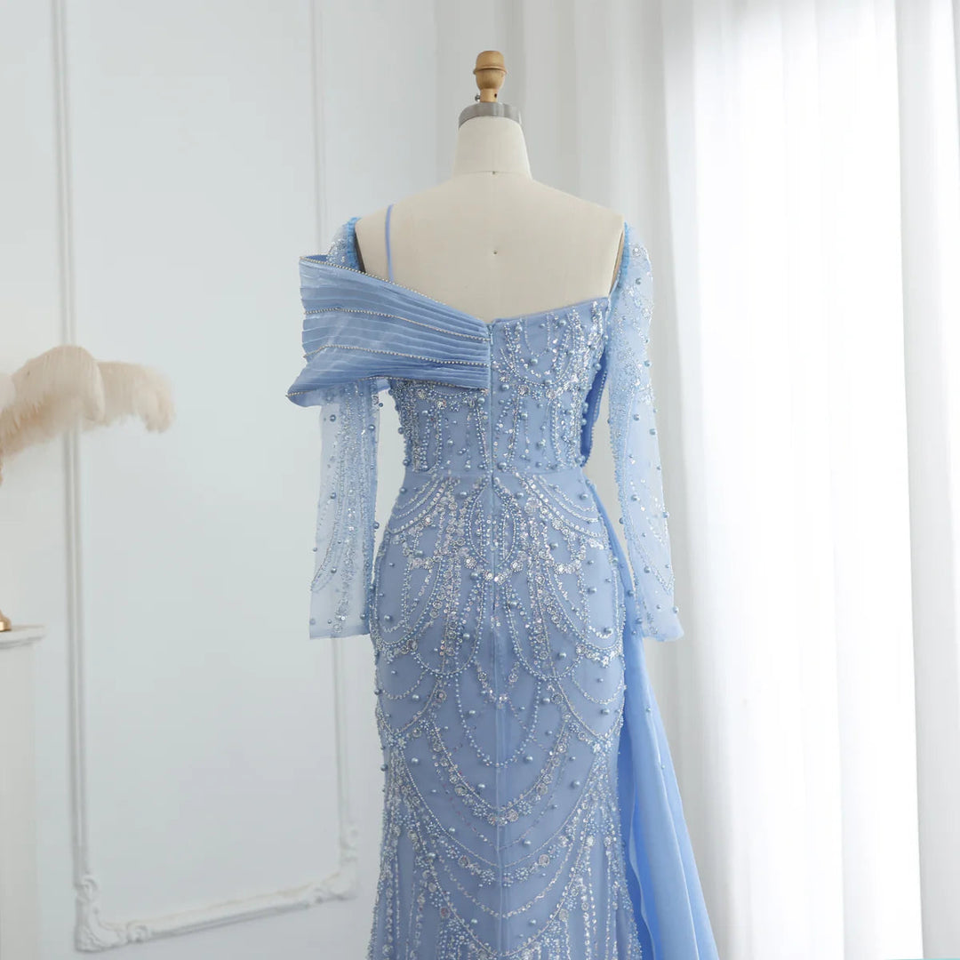 Nude Crystal Mermaid Evening Dress with Overskirt Long Sleeves SS256