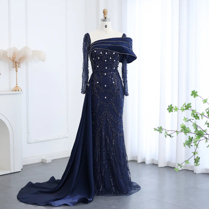 Nude Crystal Mermaid Evening Dress with Overskirt Long Sleeves SS256