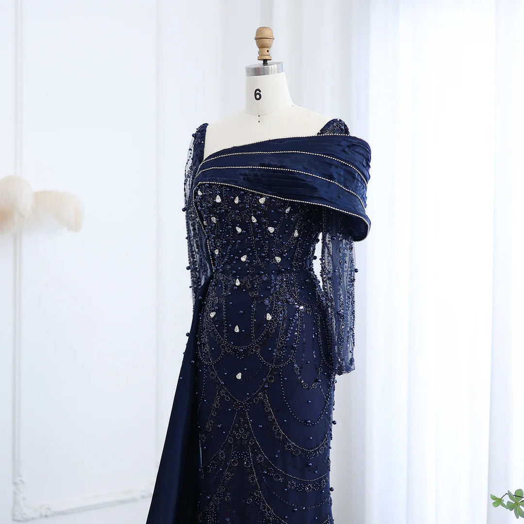 Nude Crystal Mermaid Evening Dress with Overskirt Long Sleeves SS256