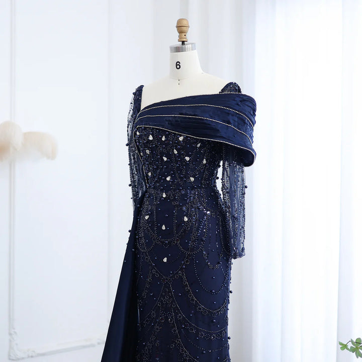 Nude Crystal Mermaid Evening Dress with Overskirt Long Sleeves SS256