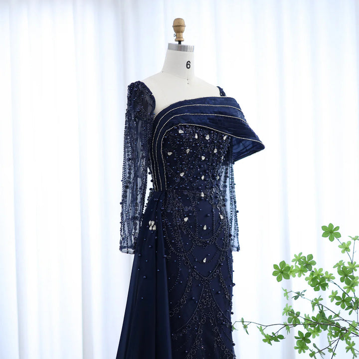 Nude Crystal Mermaid Evening Dress with Overskirt Long Sleeves SS256