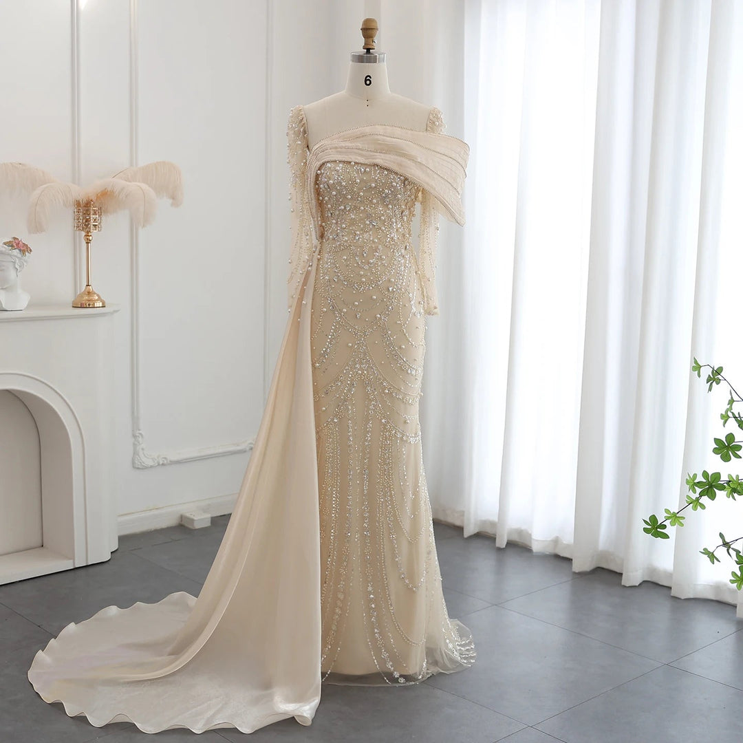 Nude Crystal Mermaid Evening Dress with Overskirt Long Sleeves SS256