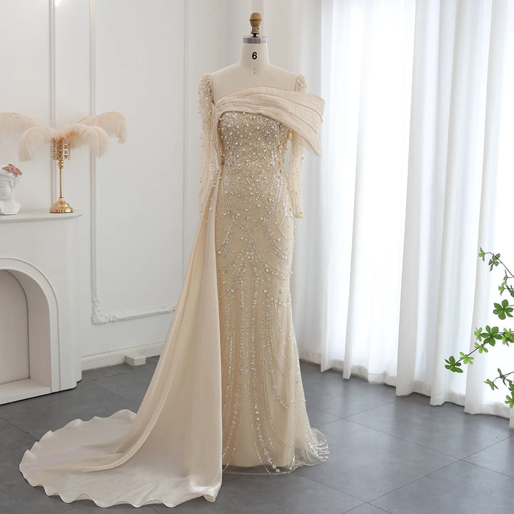 Nude Crystal Mermaid Evening Dress with Overskirt Long Sleeves SS256