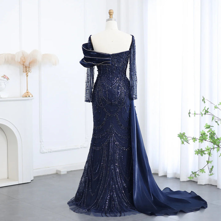 Nude Crystal Mermaid Evening Dress with Overskirt Long Sleeves SS256