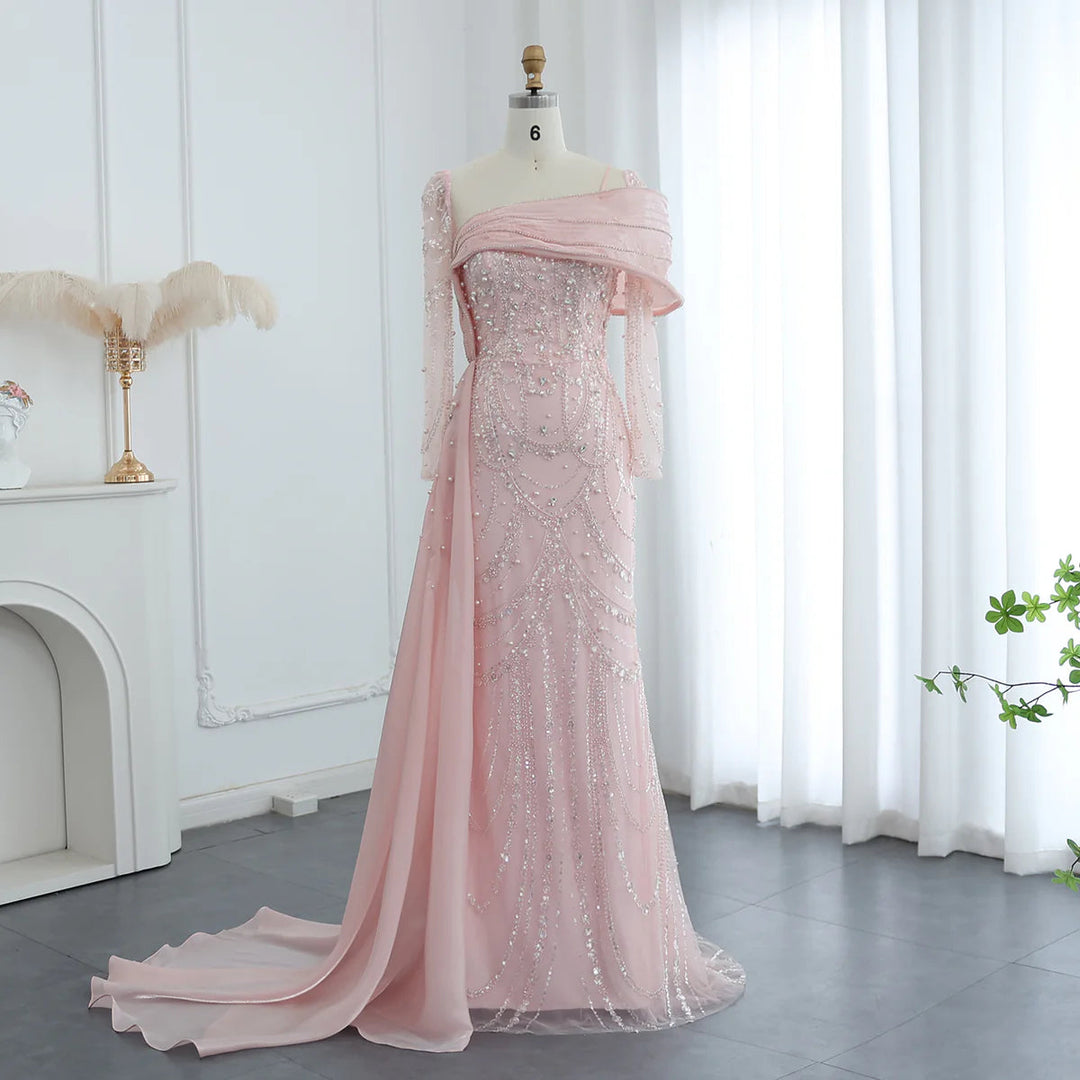 Nude Crystal Mermaid Evening Dress with Overskirt Long Sleeves SS256
