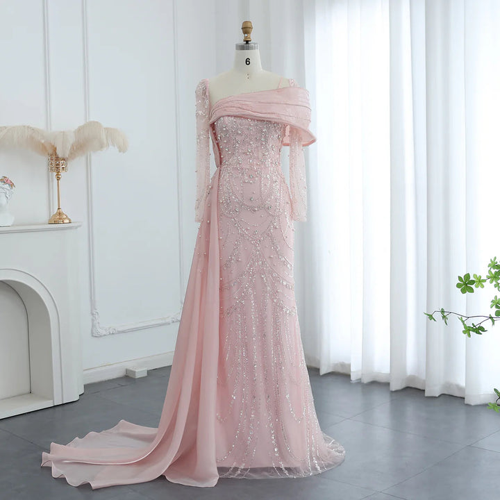 Nude Crystal Mermaid Evening Dress with Overskirt Long Sleeves SS256