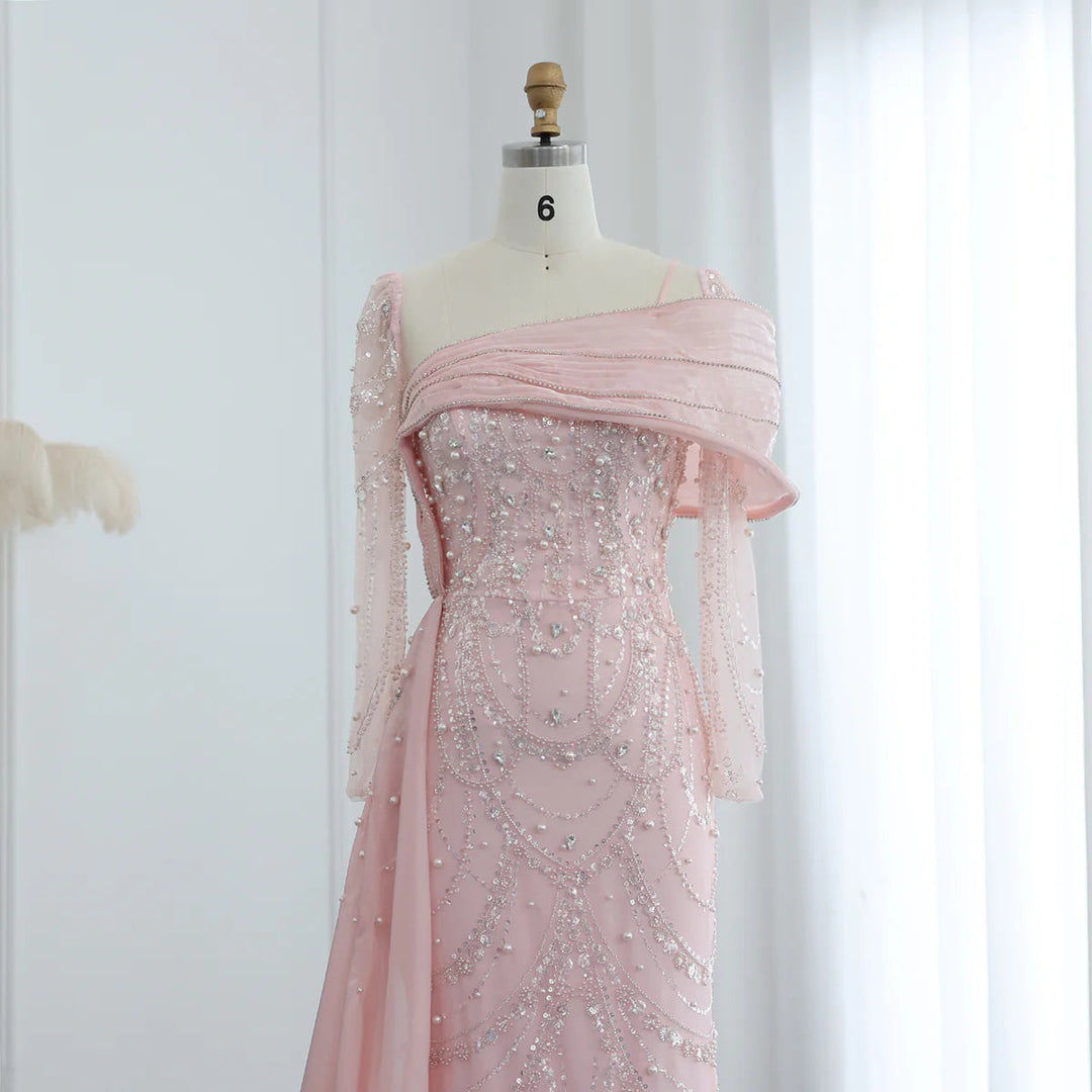Nude Crystal Mermaid Evening Dress with Overskirt Long Sleeves SS256