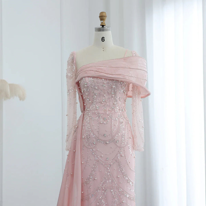 Nude Crystal Mermaid Evening Dress with Overskirt Long Sleeves SS256