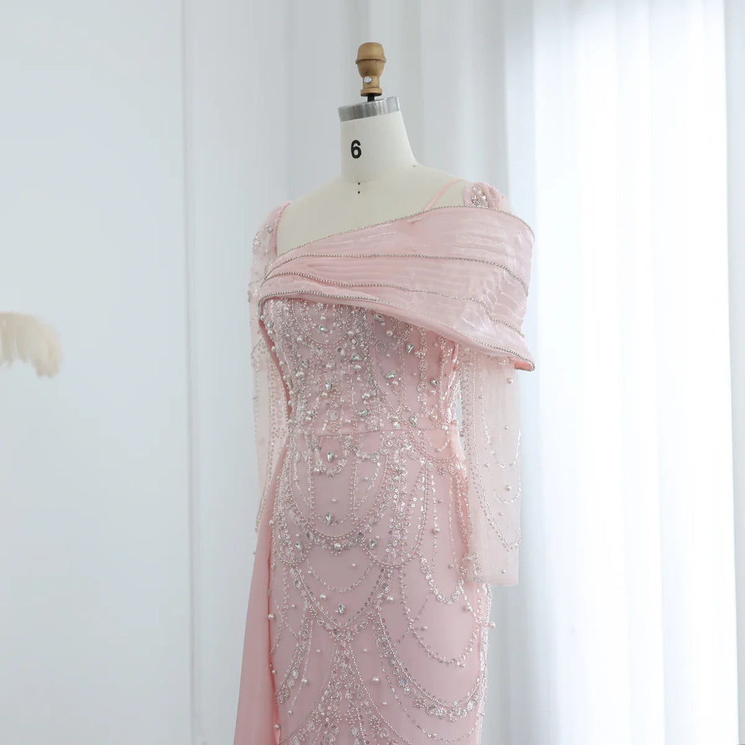 Nude Crystal Mermaid Evening Dress with Overskirt Long Sleeves SS256