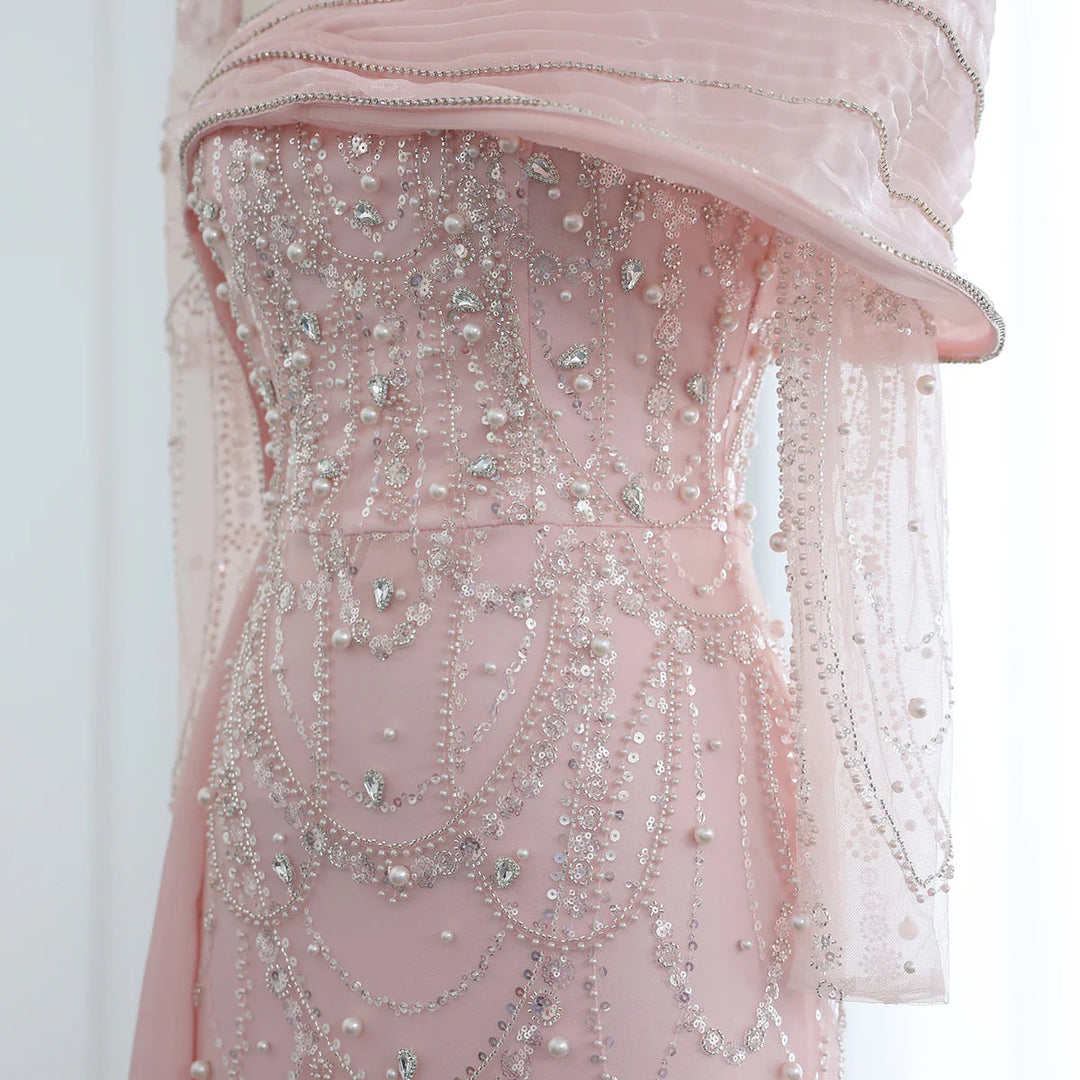 Nude Crystal Mermaid Evening Dress with Overskirt Long Sleeves SS256