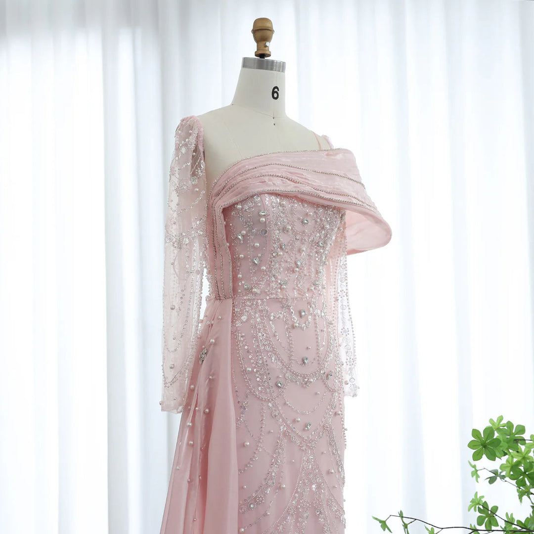 Nude Crystal Mermaid Evening Dress with Overskirt Long Sleeves SS256