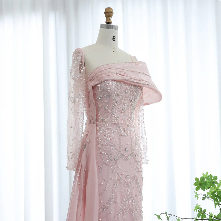 Nude Crystal Mermaid Evening Dress with Overskirt Long Sleeves SS256