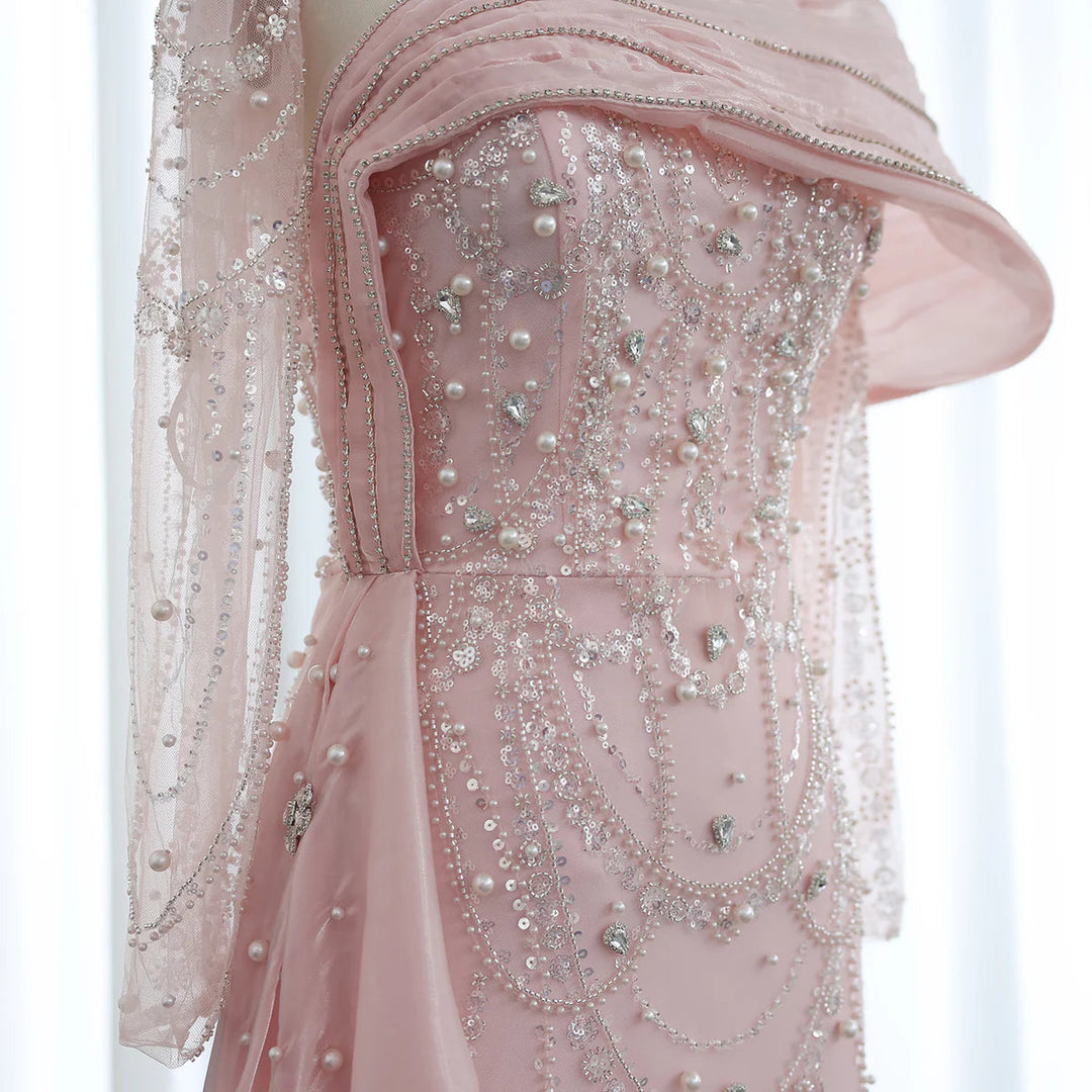Nude Crystal Mermaid Evening Dress with Overskirt Long Sleeves SS256