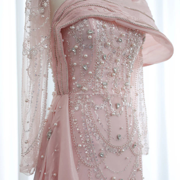 Nude Crystal Mermaid Evening Dress with Overskirt Long Sleeves SS256