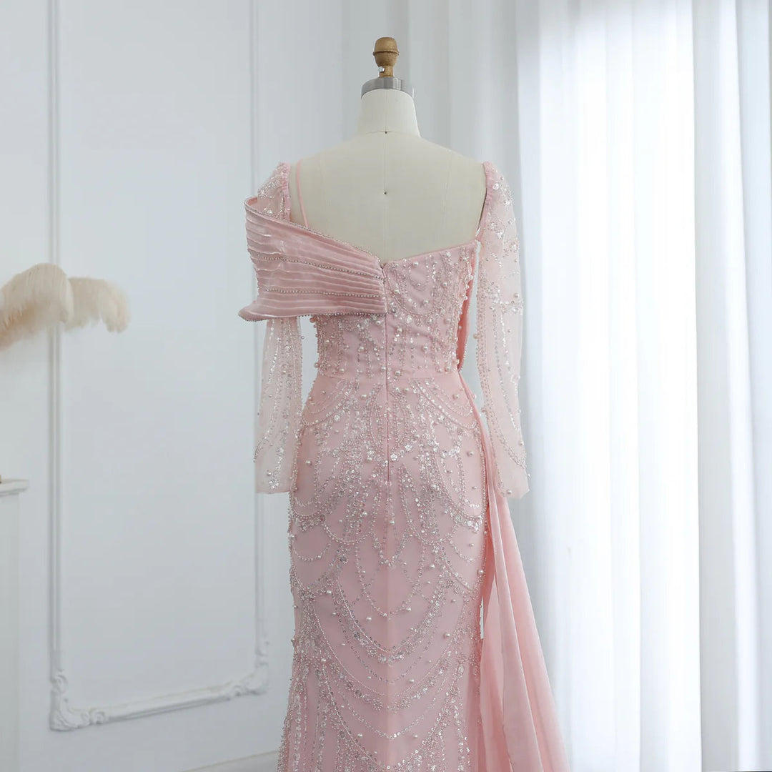Nude Crystal Mermaid Evening Dress with Overskirt Long Sleeves SS256