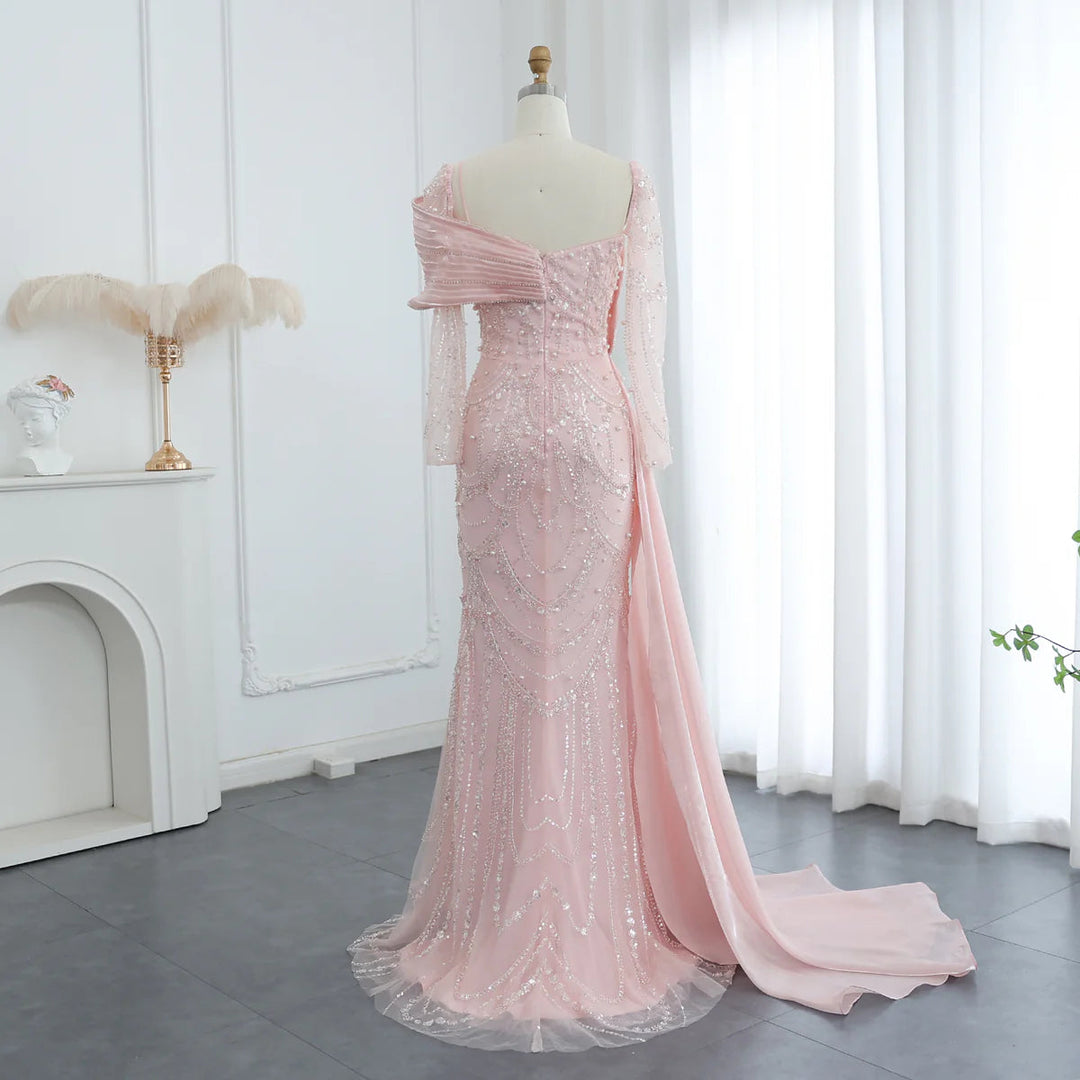 Nude Crystal Mermaid Evening Dress with Overskirt Long Sleeves SS256