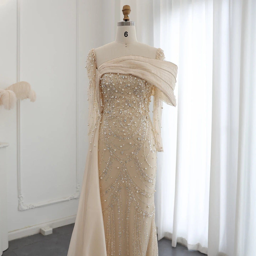 Nude Crystal Mermaid Evening Dress with Overskirt Long Sleeves SS256