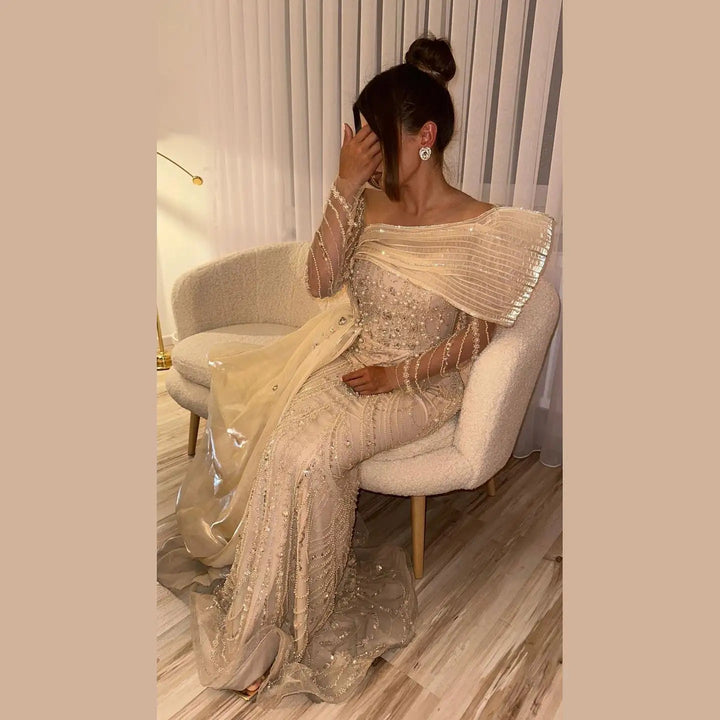 Nude Crystal Mermaid Evening Dress with Overskirt Long Sleeves SS256