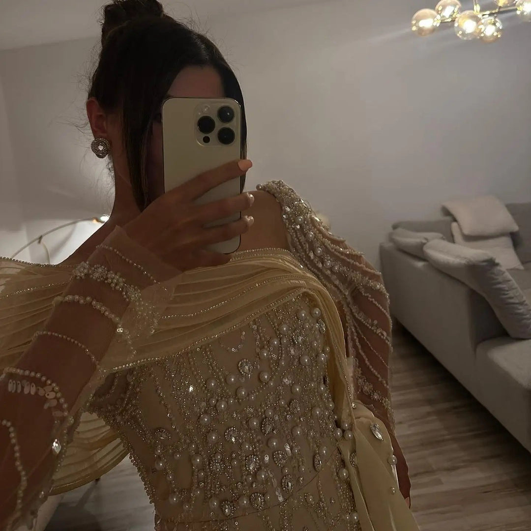 Nude Crystal Mermaid Evening Dress with Overskirt Long Sleeves SS256