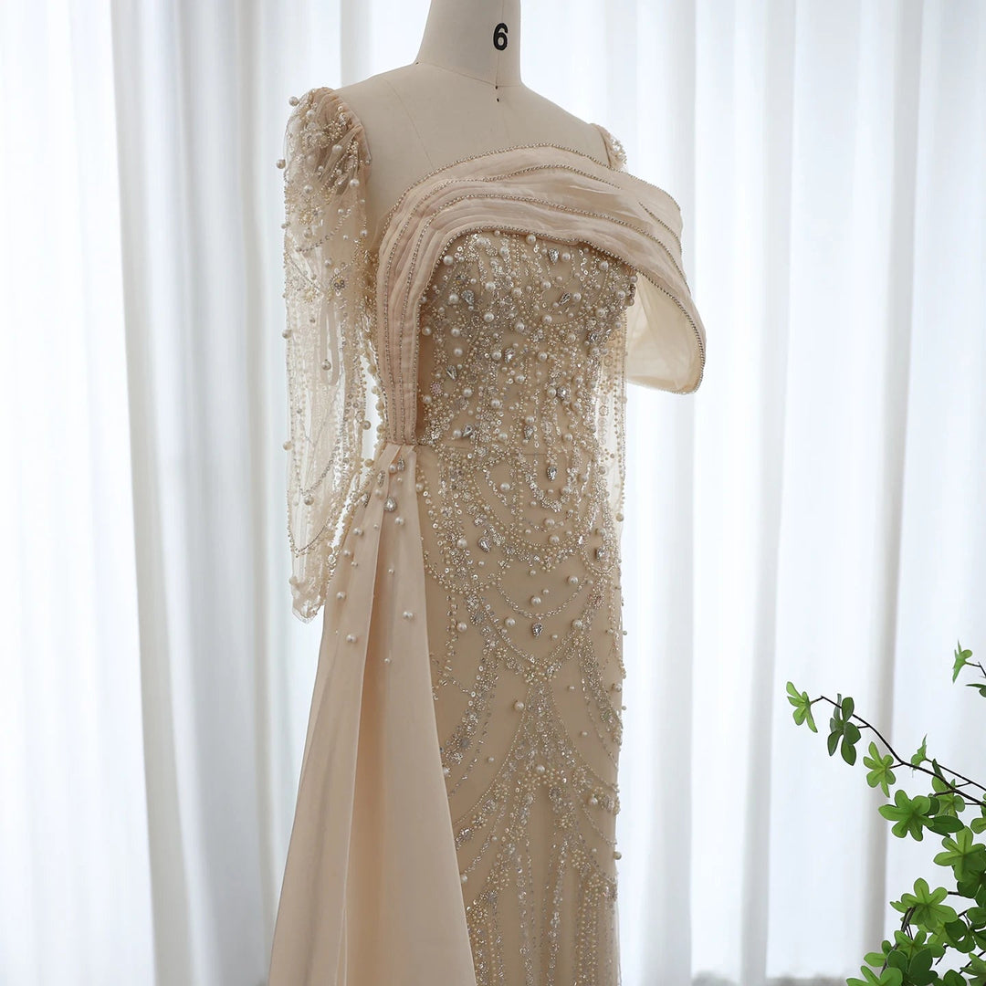 Nude Crystal Mermaid Evening Dress with Overskirt Long Sleeves SS256 DreamyVow Nude Crystal Mermaid Evening Dress with Overskirt Long Sleeves SS256 DreamyVow