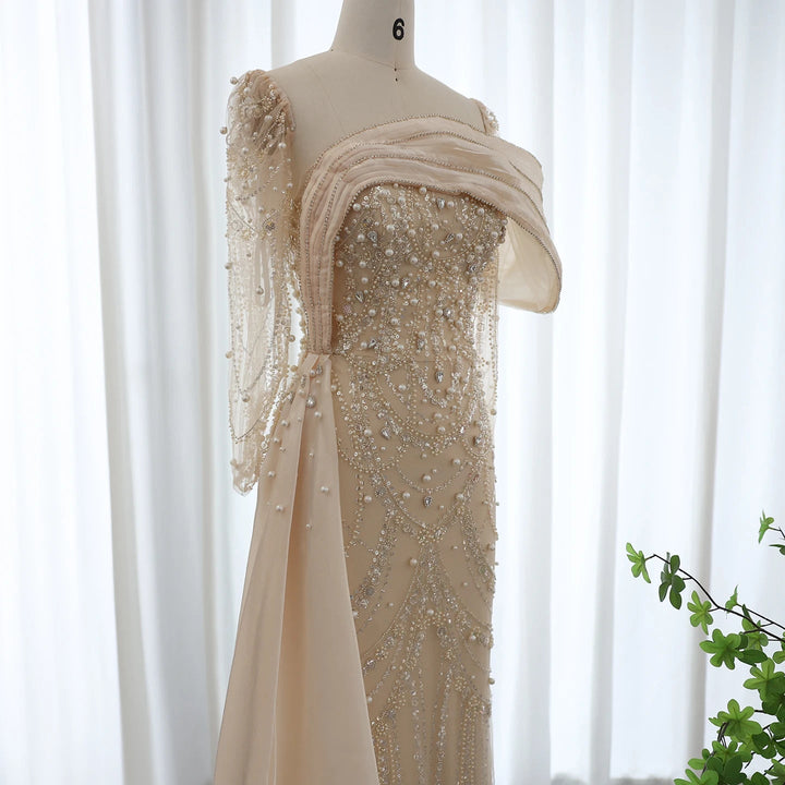 Nude Crystal Mermaid Evening Dress with Overskirt Long Sleeves SS256