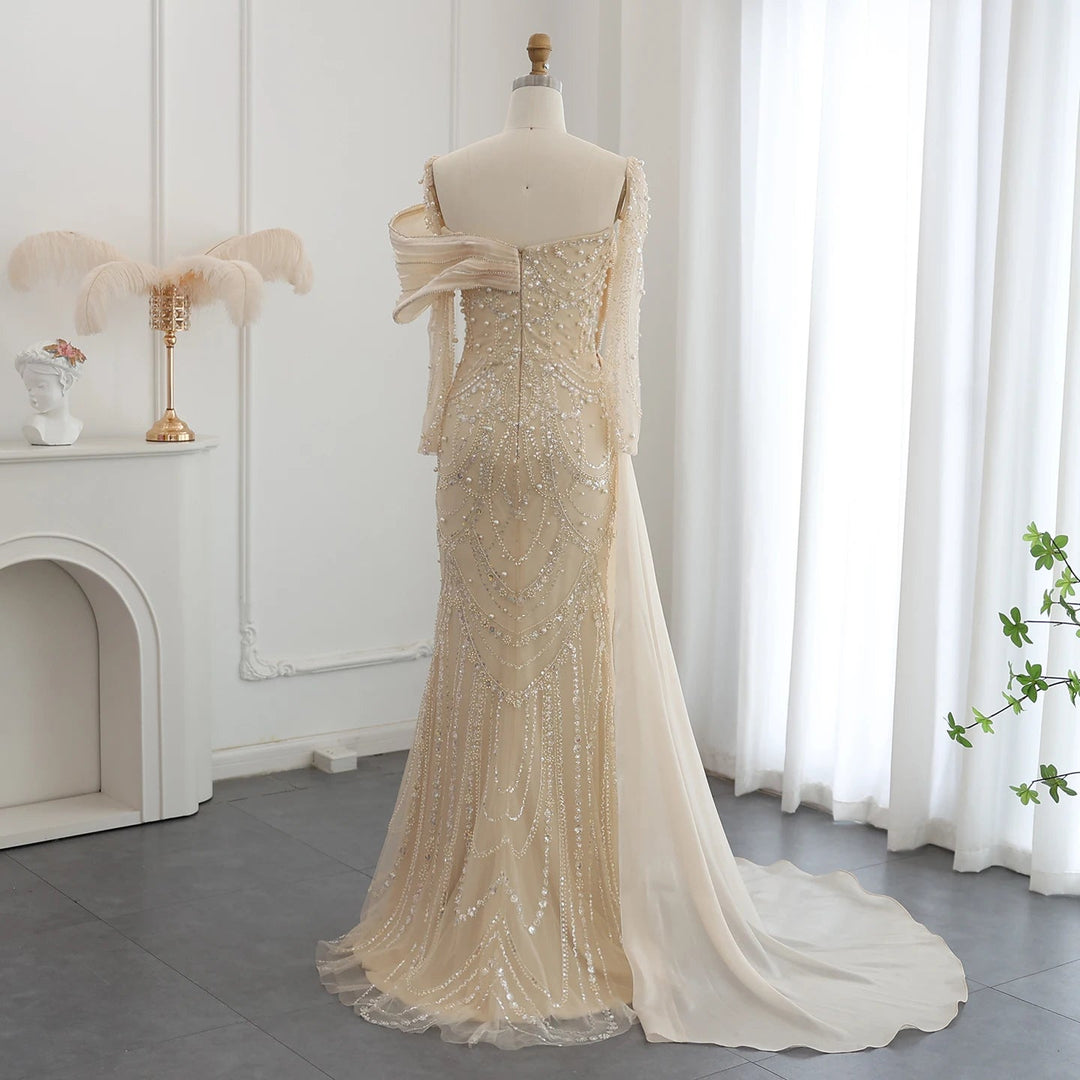 Nude Crystal Mermaid Evening Dress with Overskirt Long Sleeves SS256
