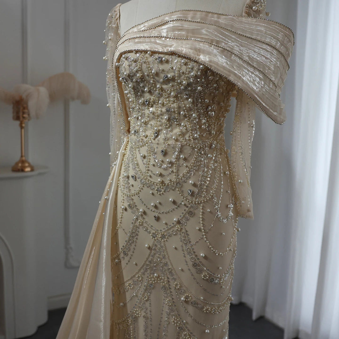 Nude Crystal Mermaid Evening Dress with Overskirt Long Sleeves SS256