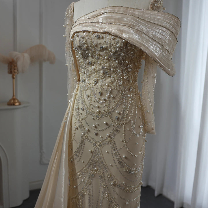 Nude Crystal Mermaid Evening Dress with Overskirt Long Sleeves SS256