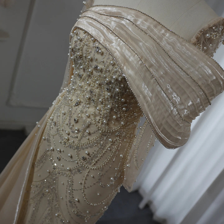 Nude Crystal Mermaid Evening Dress with Overskirt Long Sleeves SS256