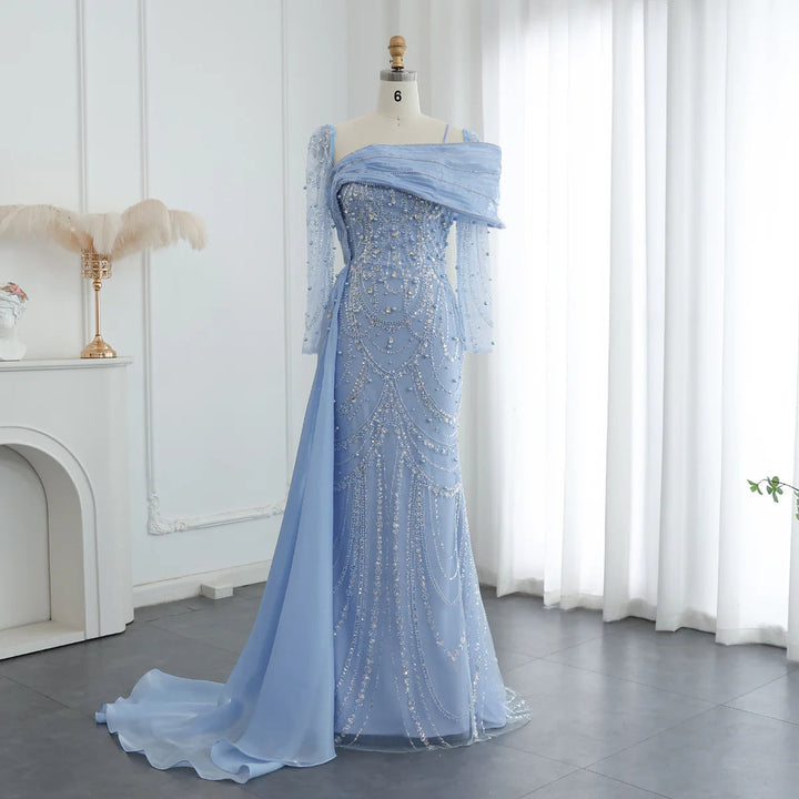Nude Crystal Mermaid Evening Dress with Overskirt Long Sleeves SS256