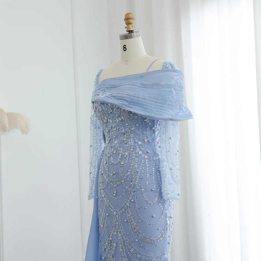 Nude Crystal Mermaid Evening Dress with Overskirt Long Sleeves SS256
