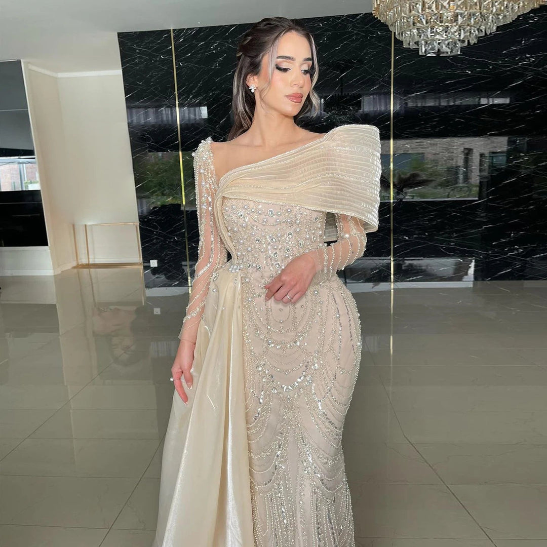 Nude Crystal Mermaid Evening Dress with Overskirt Long Sleeves SS256 DreamyVow Nude Crystal Mermaid Evening Dress with Overskirt Long Sleeves SS256 DreamyVow