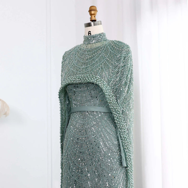 Nude Luxury Long Sleeves Muslim Evening Dresses with Cape SS369A