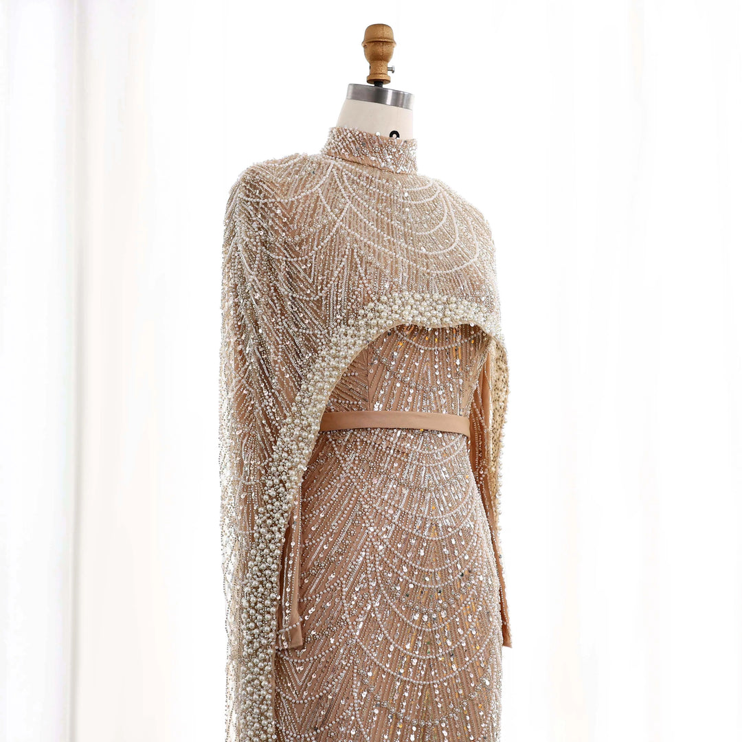 Nude Luxury Long Sleeves Muslim Evening Dresses with Cape SS369A DreamyVow Nude Luxury Long Sleeves Muslim Evening Dresses with Cape SS369A DreamyVow