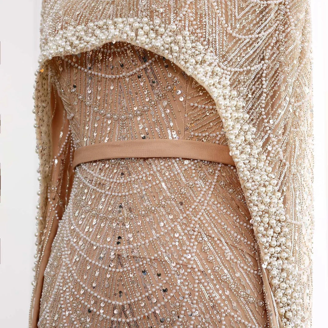 Nude Luxury Long Sleeves Muslim Evening Dresses with Cape SS369A DreamyVow Nude Luxury Long Sleeves Muslim Evening Dresses with Cape SS369A DreamyVow