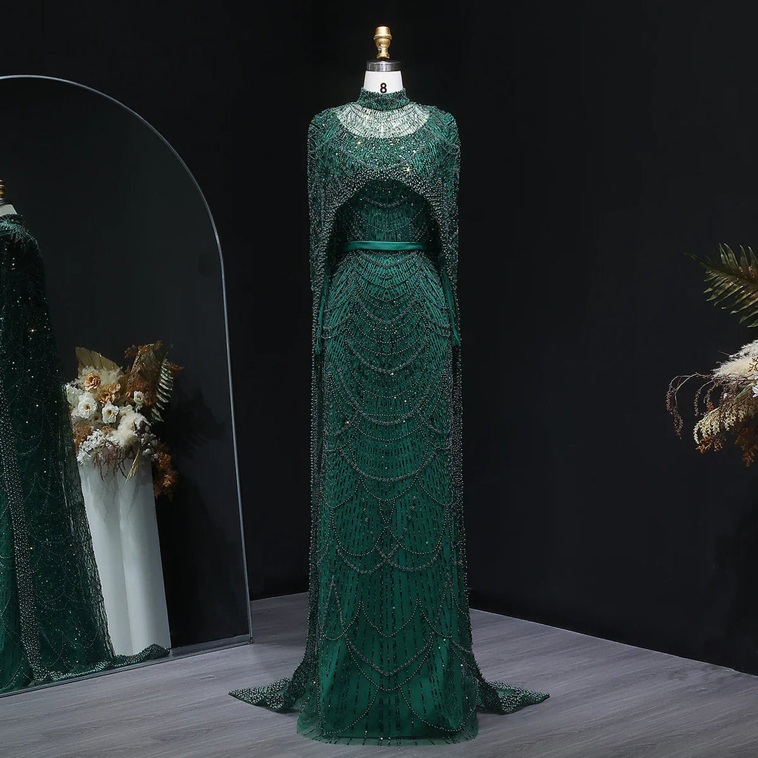 Nude Luxury Long Sleeves Muslim Evening Dresses with Cape SS369A