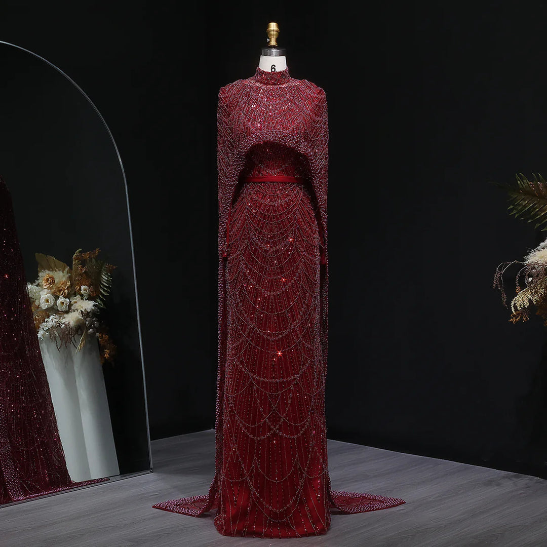 Nude Luxury Long Sleeves Muslim Evening Dresses with Cape SS369A Wine Red / 2 Nude Luxury Long Sleeves Muslim Evening Dresses with Cape SS369A Wine Red / 2